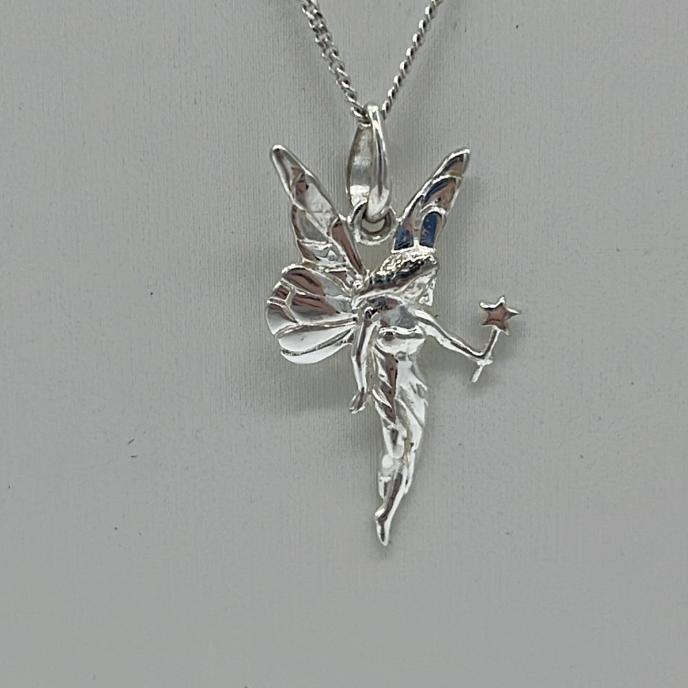 Sterling Silver winged fairy with star wand on 18” sterling silver chain